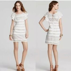 BCBGMaxAzria Renata White Ivory Lace MiniDress - Ruffle accent - Nude underlay 6